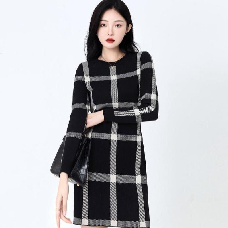 Women's Fashion Autumn Winter Plaid Print Long Sleeve O-Neck Slim Casual Dresses