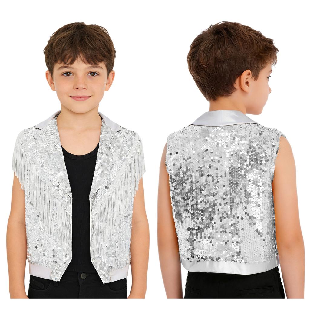 Boys Jazz Dance Stage Performance Tassel Sparkling Sequin Vest Contrast Color Lapel Collar Sleeveless Top