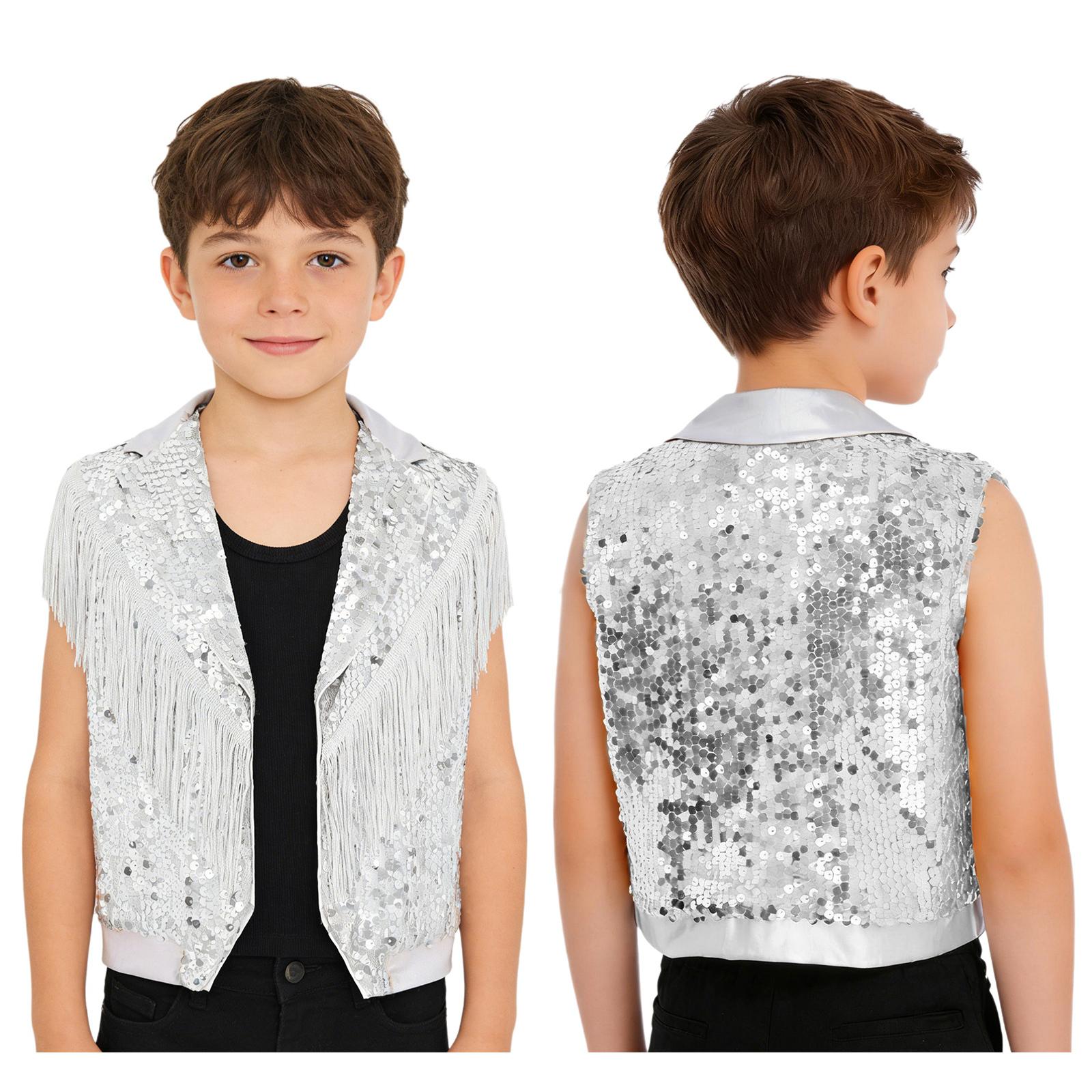 

Boys Jazz Dance Stage Performance Tassel Sparkling Sequin Vest Contrast Color Lapel Collar Sleeveless Top 5-6 Years
