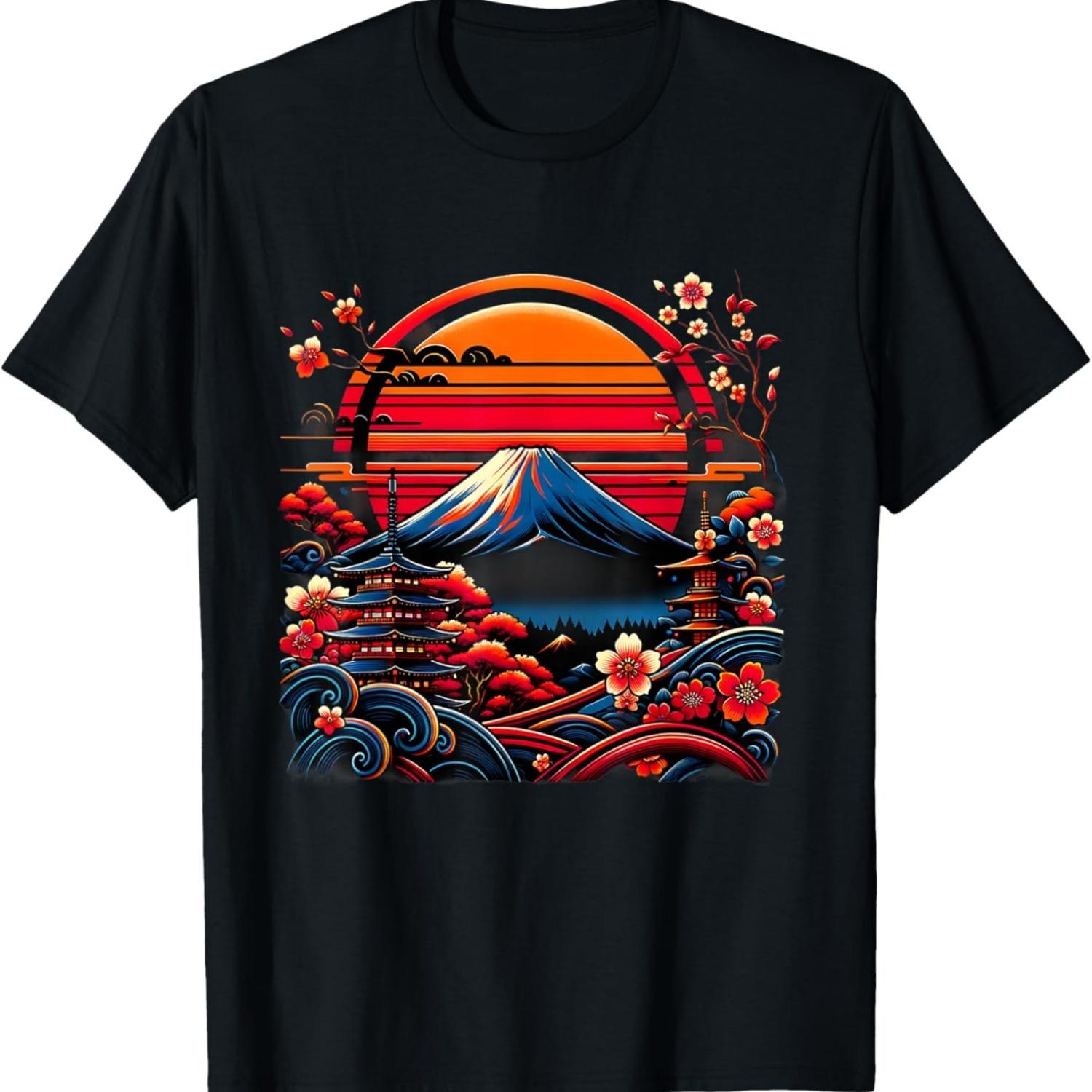 Vintage  Cherry Blossom Sakura Mount Fuji T-Shirt S чёрный
