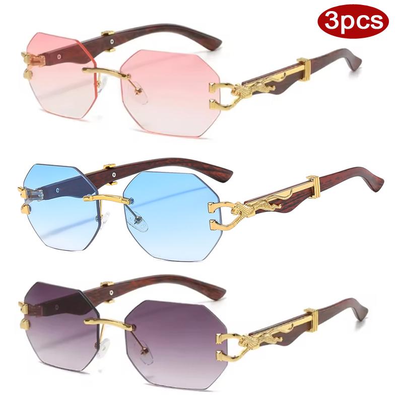 Protective Glasses 3pcs Fashion Frameless Polygonal Metal Frame Sunglasses Outdoor Casual Sun Glasses Leopard Design Eyewear