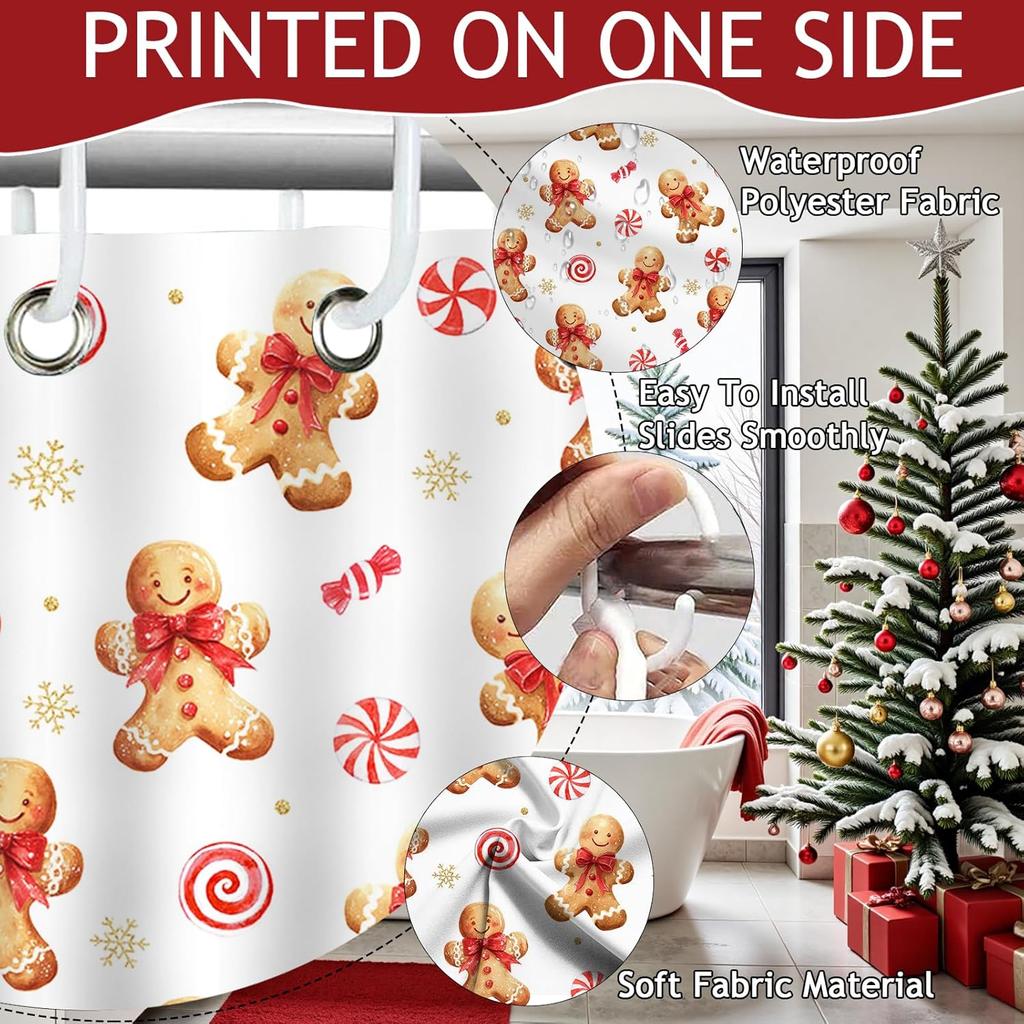 Merry Christmas Shower Curtain For Bathroom Cute Gingerbread Man Snowflake Shower Curtain For Christmas Bathroom Decorwaterproof
