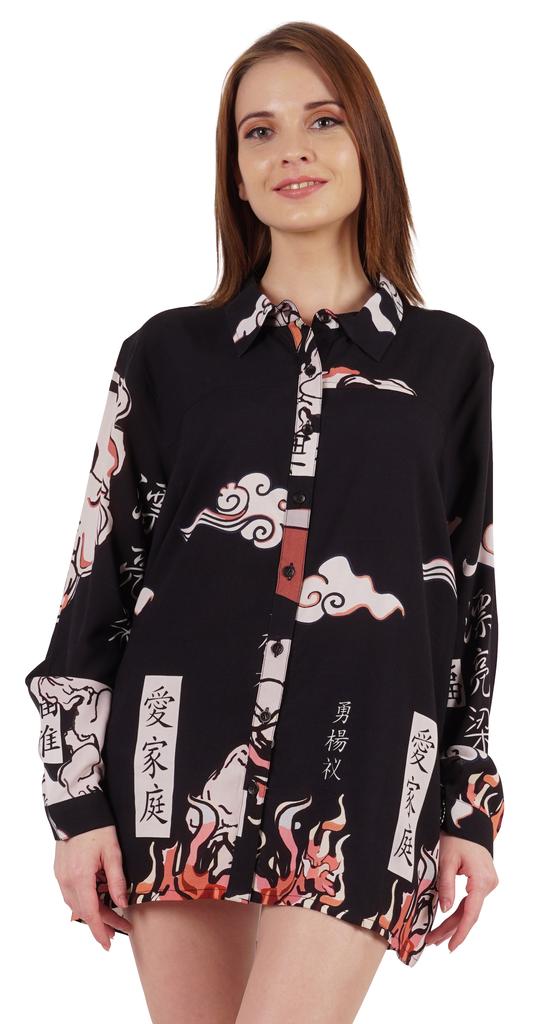 Inkmeso Printed Long Sleeve Oversized Shirt For Women S Loose Fit Button-Down Shirts