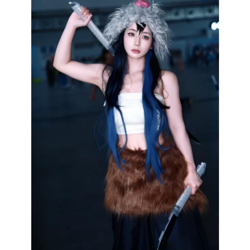 Anime Kimetsu No Yaiba Hashibira Inosuke Cosplay Kostüm Paket mit Hose, Kostüm, Demon Slayer Hose und Schürzenmasken