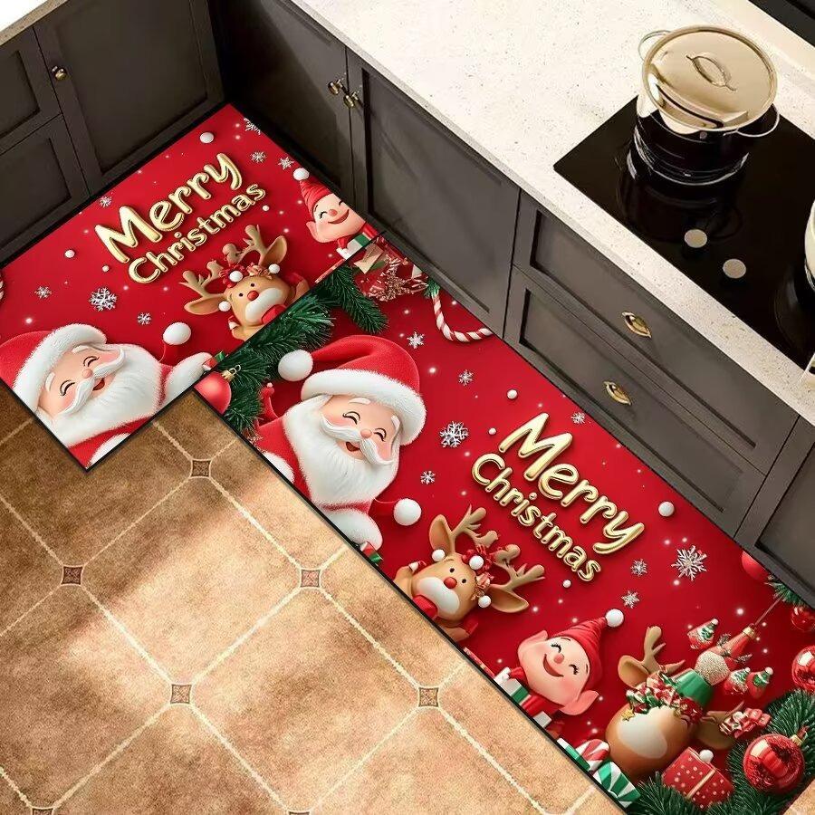 Christmas Santa Kitchen Mat Set, 2-PC Absorbent Non-Slip Floor Rugs for Holiday Decor