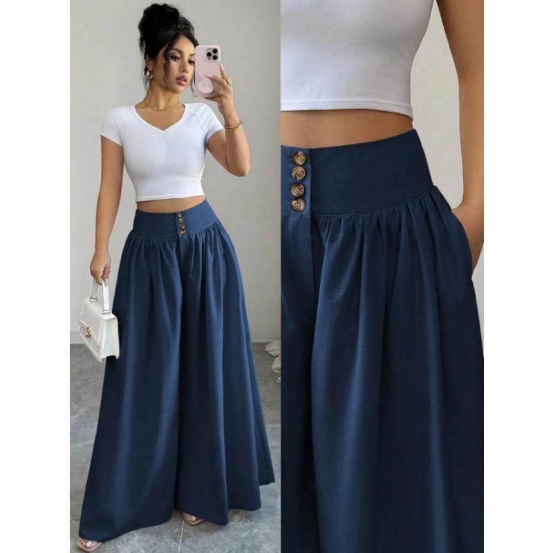 

New Fashionable Casual Pleated Loose Women s Wide Leg Floor Pants Solid Color Simple Long Pants Buttons Spring Summer Office Sweet Basic Trousers XXL синій
