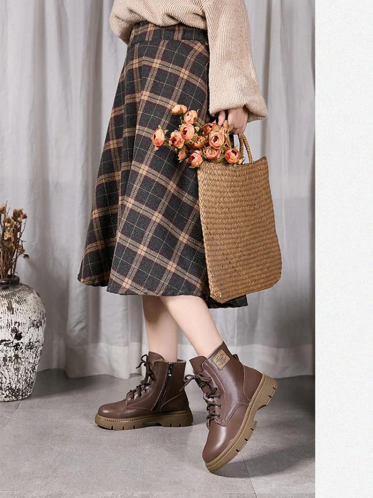 Johnature Moteriški batai iš natūralios odos, medvilniniai batai, iš karvės odos, pliušiniai, šilti, apvaliu priekiu, storapadžiai, aulinukai