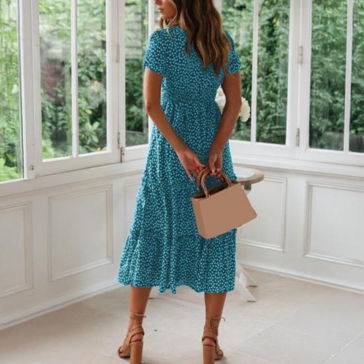 Flowy Boho Summer Dress Floral Swing Tiered Beach Sundress Women Casual Square Neck Short Sleeve Ruffle A Line