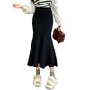 Black Knit High Waist Midi Skirt for Pear Shape Women, Plus Size A-Line Fishtail, Autumn/Winter.