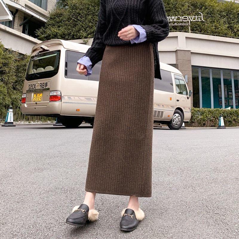 Bodycon Trendy Dámská Silná Pletená Dlouhá Midi Sukně s Vysokým Pasem Bez Rozparku Černá Vlněná Sukně
