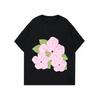Black Round Neck T Shirt With Pink Flower Print For Casual Wear