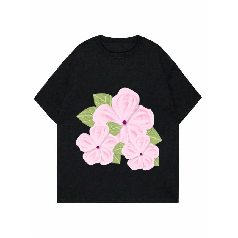 Black Round Neck T Shirt With Pink Flower Print For Casual Wear