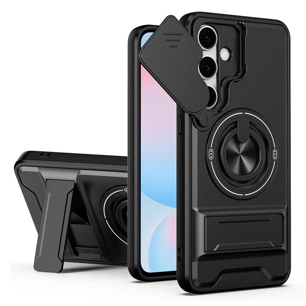 For Samsung Galaxy S24 FE Magnetic Case Ring Holder Foldable Kickstand TPU PC Phone Cover with Camera Lens Slider
