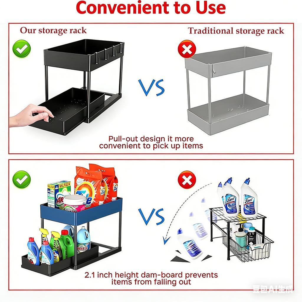 2Tier Multi-function Kitchen/Bathroom Sink Organizer Sliding Cabinet Basket with Hook Hanging Cup Home Space-Saving Storage Rack