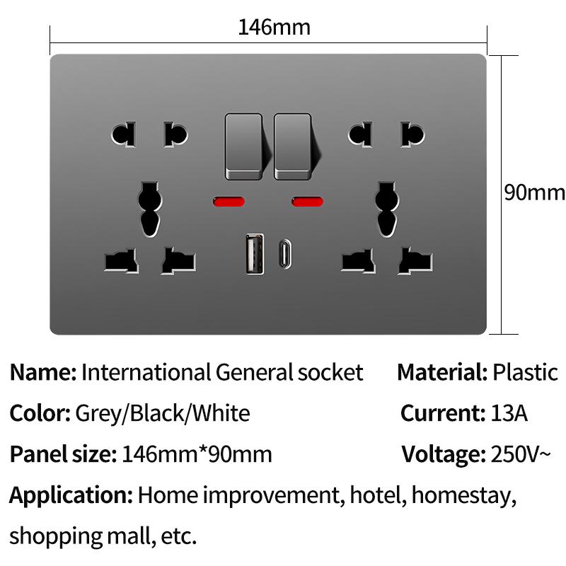 Universal Wall Socket with USB-C USB Charger & Switches- 2 Gang Power Outlet With LED, Flush Mount, AC 110-250V
