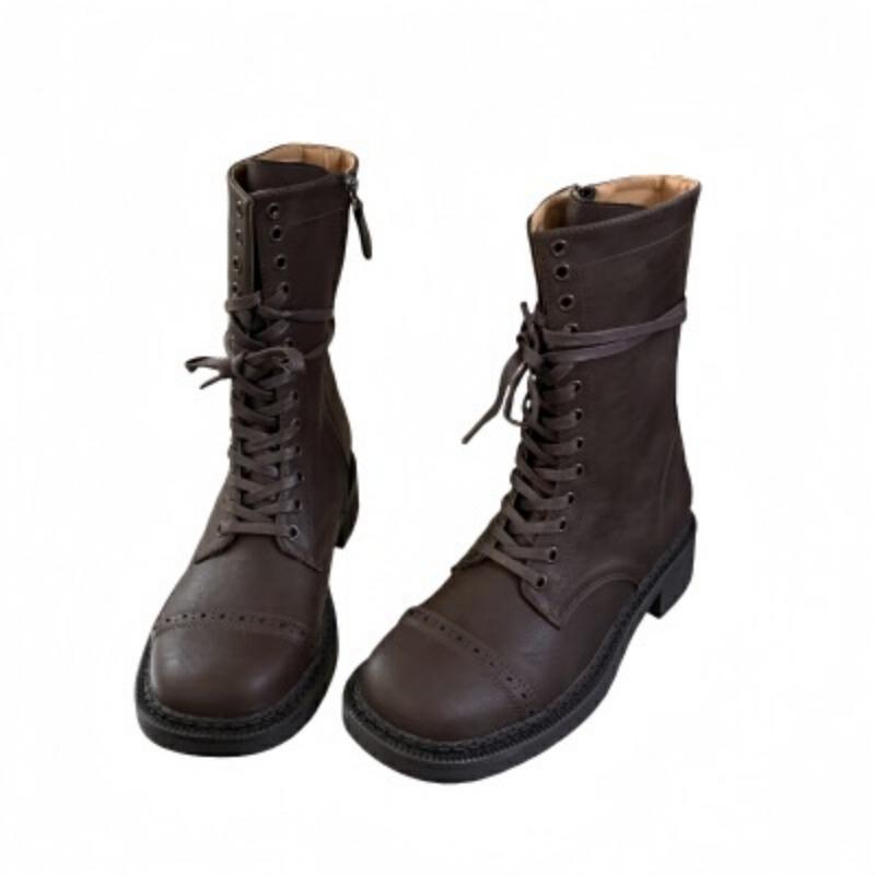 Knight boots autumn and winter new versatile fashion square head comfortable side zipper retro strap flat boots