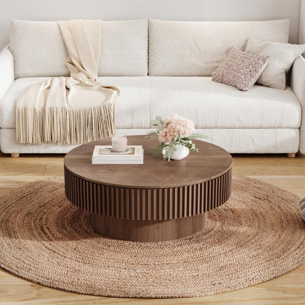 Tavolino Rotondo da Caffè con Contenitore 75cm Legno Massello Impiallacciato Tavolino Moderno Tavolino d'Accento per Soggiorno, Camera da Letto, Appartamento o Ufficio, Noce