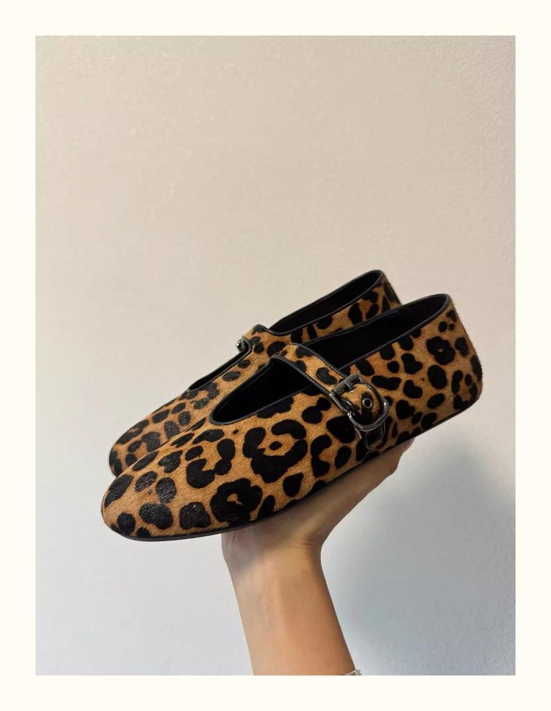 Sheepskin Version~ Popular Small Man Inner Height Increase 4CM Leopard Print Leather Word with Mary Jane Shoes Women's Flat Shoes