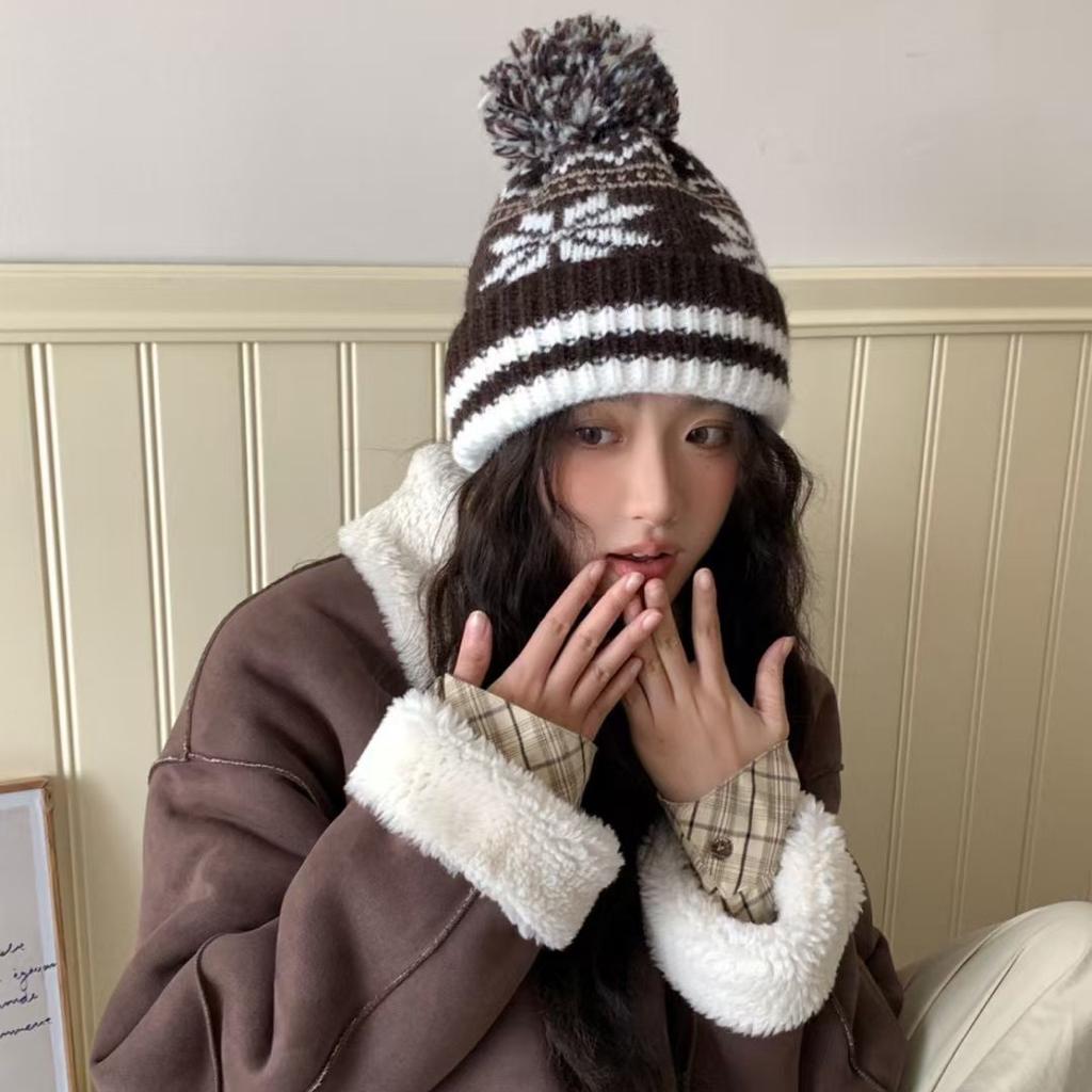 New Year Red Knit Hat Christmas Warm Ear Hat Sweet Hairball Wool Hat