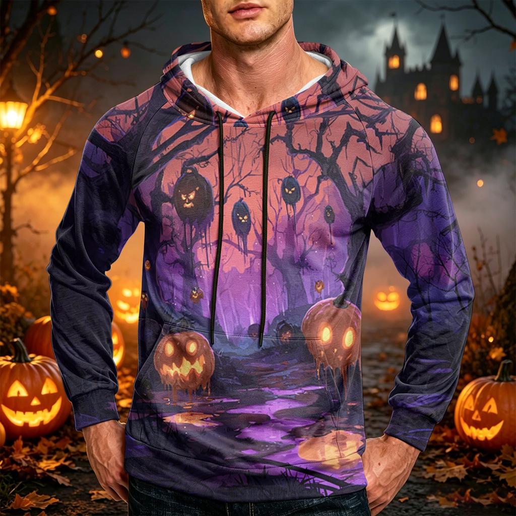 Men's Casual Loose Fit Printed Hoodie with Kangaroo Pocket and Drawstring for Everyday Wear