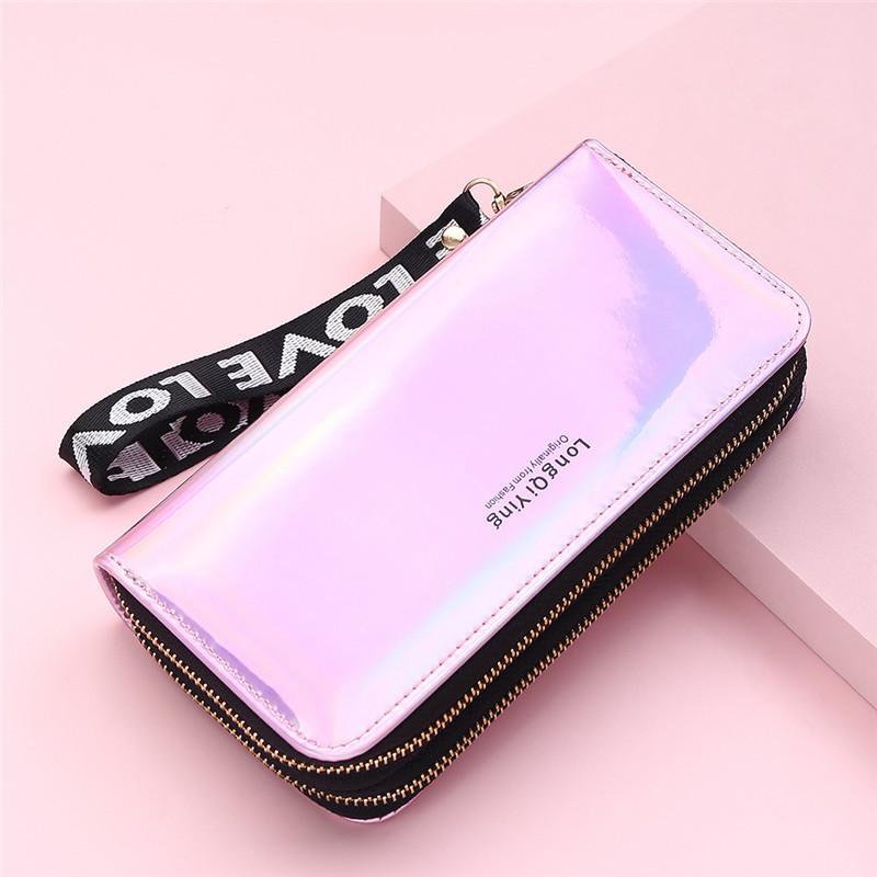 Portefeuille Long Double Fermeture Éclair pour Femme Pochette Monnaie Laser Cuir PU Souple Grande Capacité Porte-Cartes de Visite Arrivage