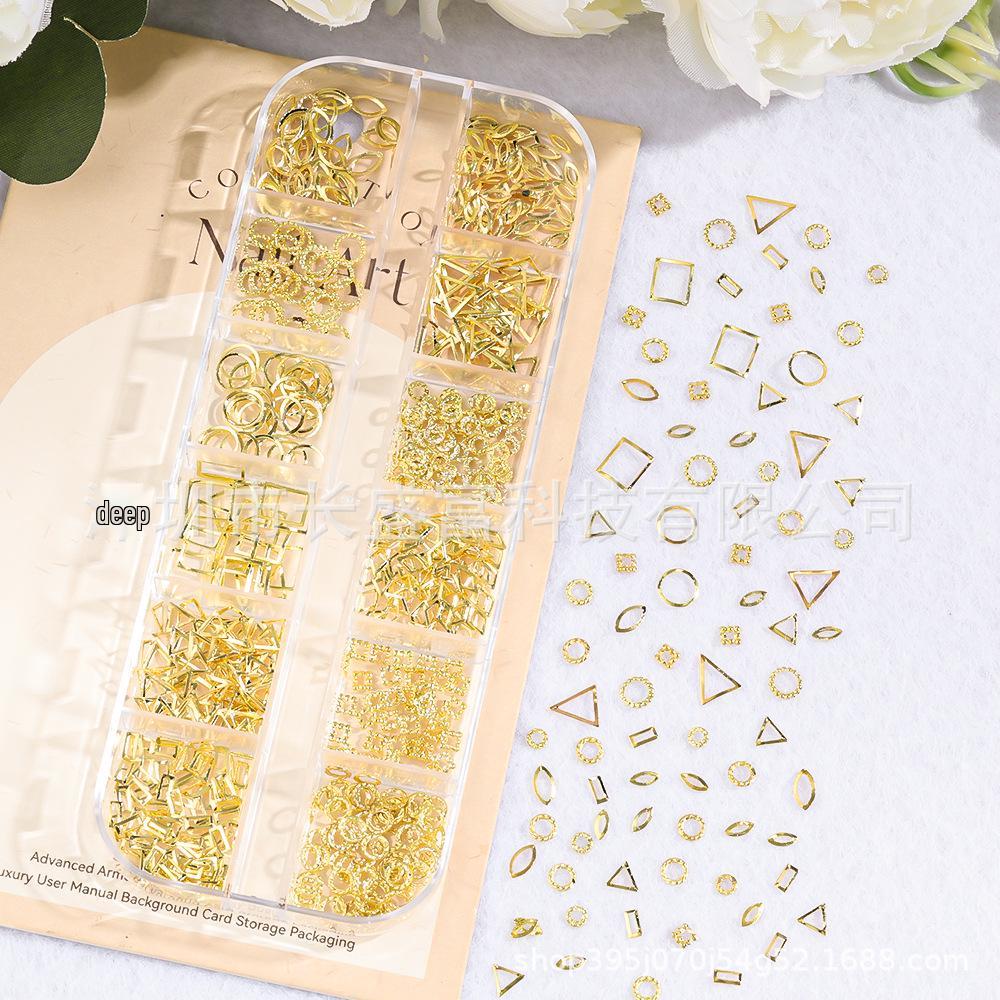 Geometric Nail Art Accessories: Boxed Metal Rivets, Triangle & Square Alloy Frames for DIY.