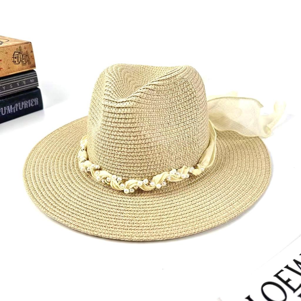 Spring And Summer New Sunshade Straw Hat Women'S European And American Style Fashion Streamer Top Hat Outdoor Sunscreen Versatile Hat
