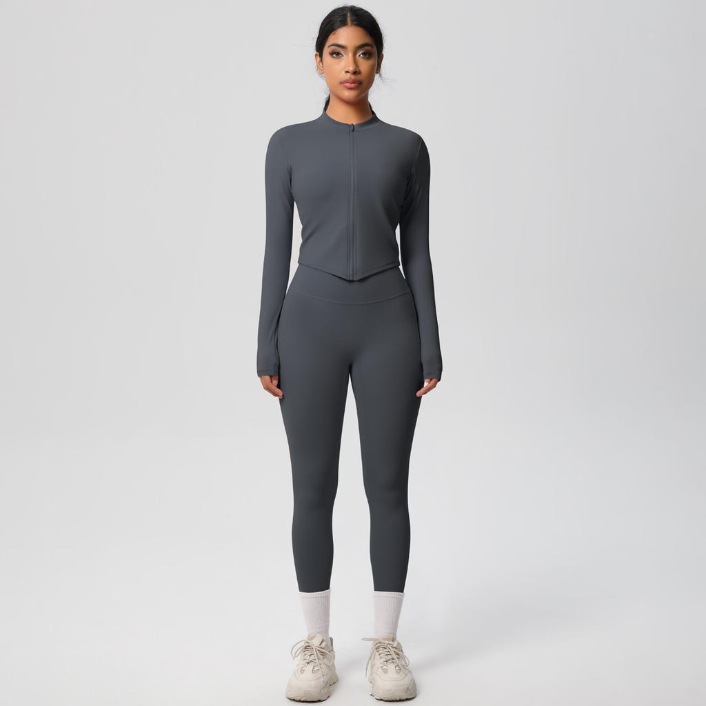 Quick Drying Nude Fitness Zipper Jacket Set, Tight Fitting High Waist And Hip Lifting Yoga Outdoor Running Sports Set, Two-Piece Set For Women