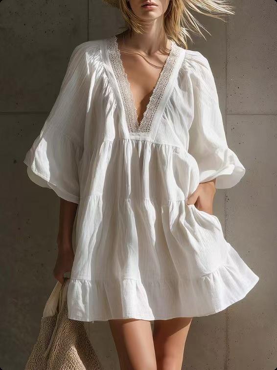 2026 European and American summer new V-neck lace dress loose holiday skirt S