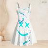 Women Plus Size White Purple Printed Sleeveless Strappy Dress Square Neck Fitted Waist Flared Hem