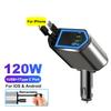 120W 5 In 1 Retractable Car Charger USB C Cable 3 Ports with Retractable Cords with Volt Display For IPhone Huawei Samsung