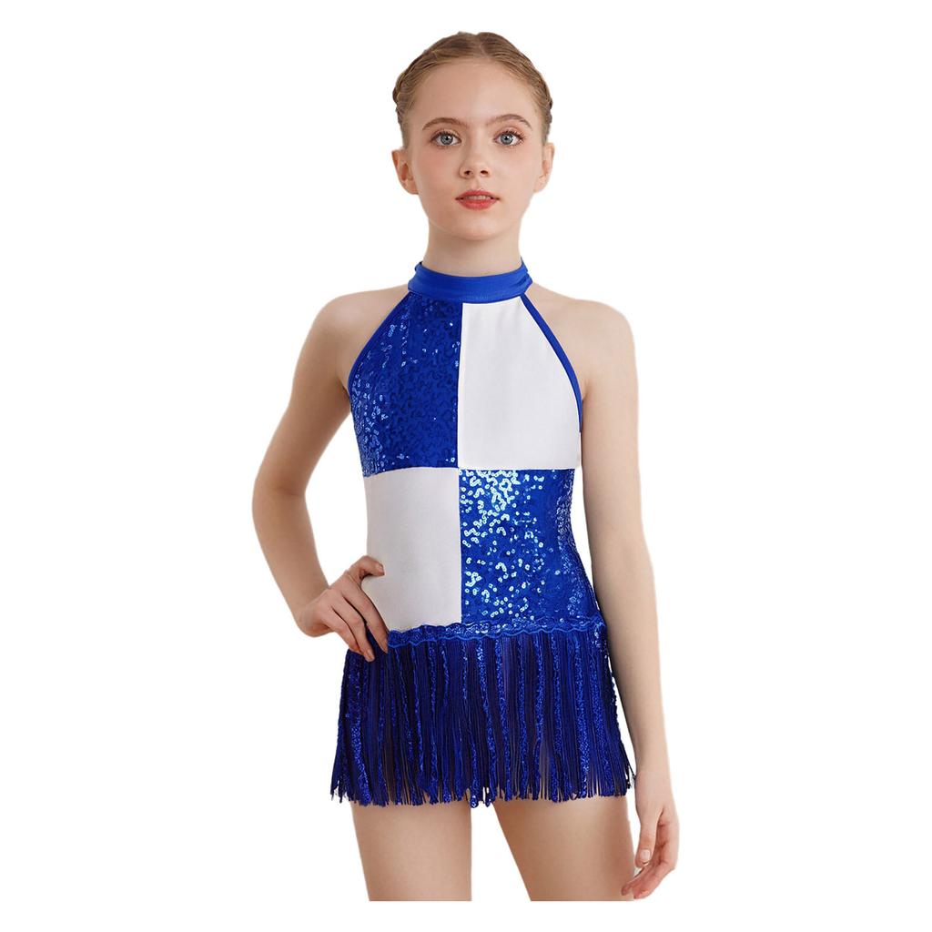 Girls Sparkly Latin Dance Leotard Color Block Shiny Sequins Tassel Halter Sleeveless Performance Costume