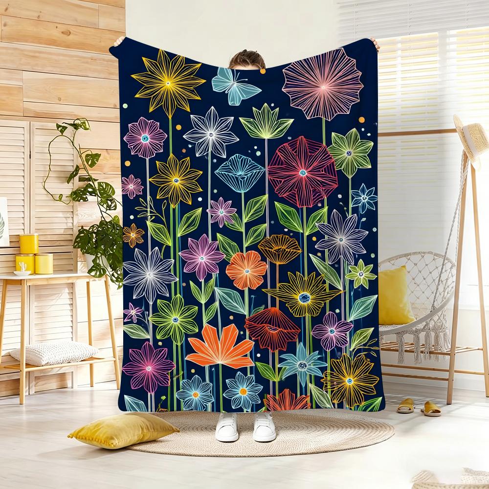 Vintage Boho Flowers Art Throw Lightweight Flannel Blanket Soft Skin-Friendly For Summer Cooling