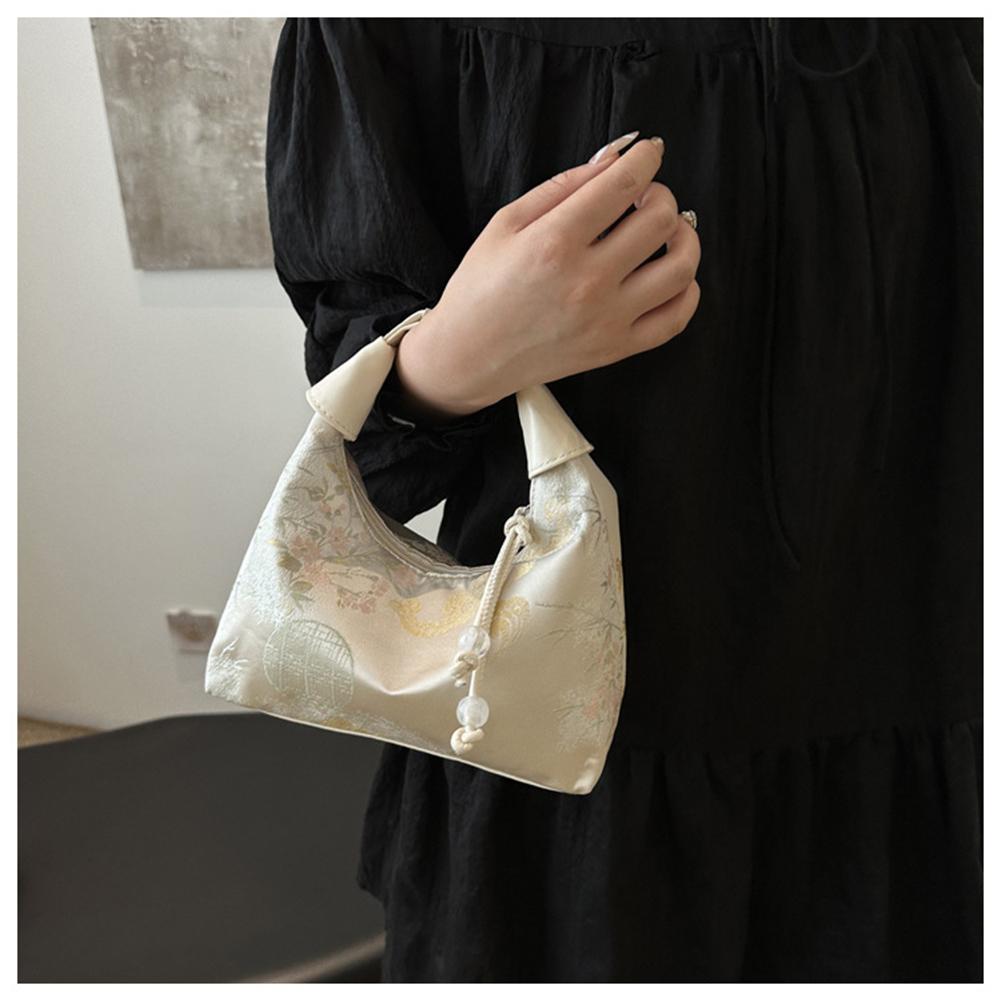 Women Sweet Embroidery Shoulder Bag with Pearl Pendant Casual Sling Bag Adjustable Strap Trendy Satchel Bag Date Party Handbag