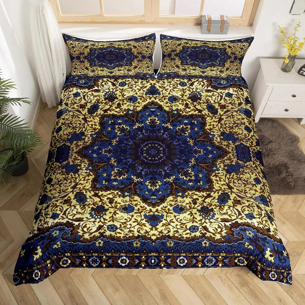 Tribal Floral Duvet Cover Set Bohemian Geometric Flowers Bedding Set Mysterious Indian Abstract Grid Quilt Cover Twin King Size