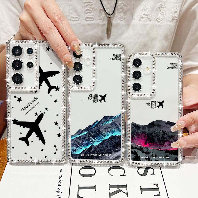 Heart Print Soft Silicone Phone Case For Samsung S25 Edge S24 FE S23 Ultra S22 A16 A56 A36 A15 A55 A35 Diamond Frame Clear Shockproof Cover