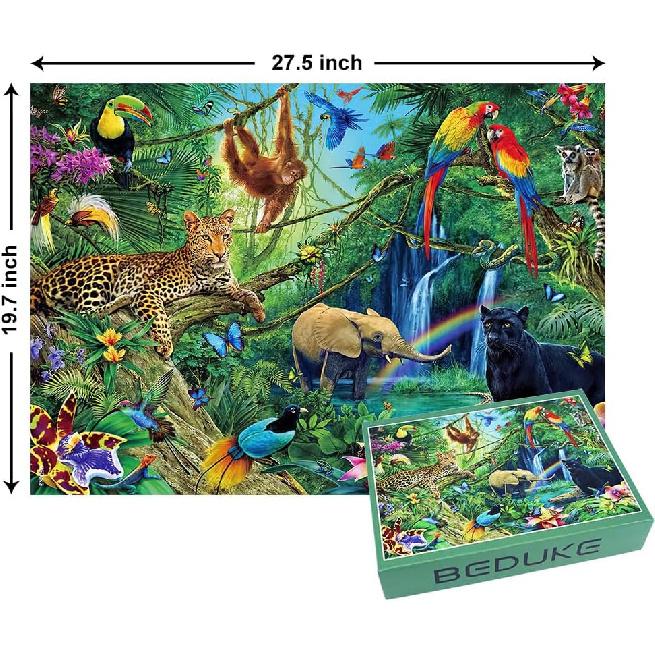 Jigsaw Puzzles for Adults 1000 Piece - Every Piece Is Unique - Precise Interlocking Tropical Forest Animals Thick Sturdy Cardboard Family Game Puzzle