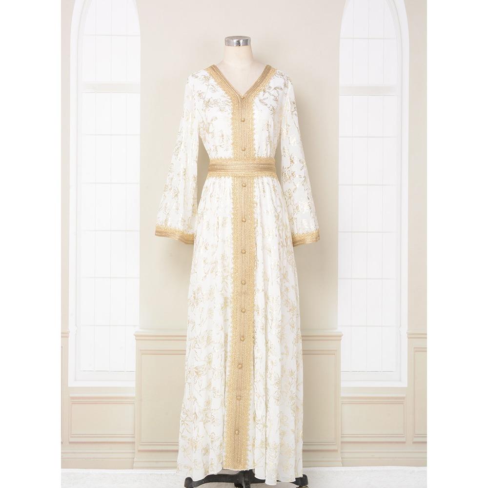 Women's Evening Gown: Stylish Long Dress Featuring Textured Floral Patterns and Gold Foil Accents