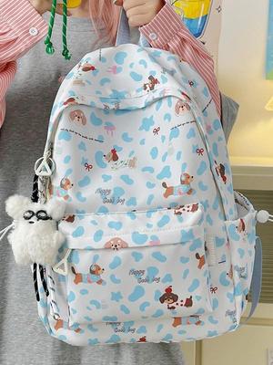 Large Capacity Cute Cartoon Dog Print Backpack for Girls, Korean Style, Suitable for Elementary To High School Students.