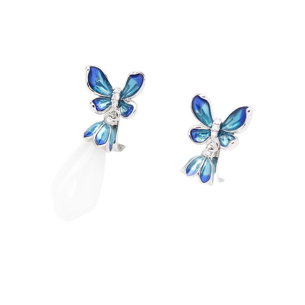 Gericht retro stil tropfendes Öl blaue Schmetterling Ohrringe Magnolienblüten Ohrringe Gold und Silber zweifarbig ohrlose Ohrringe Clips Ohrringe Damen