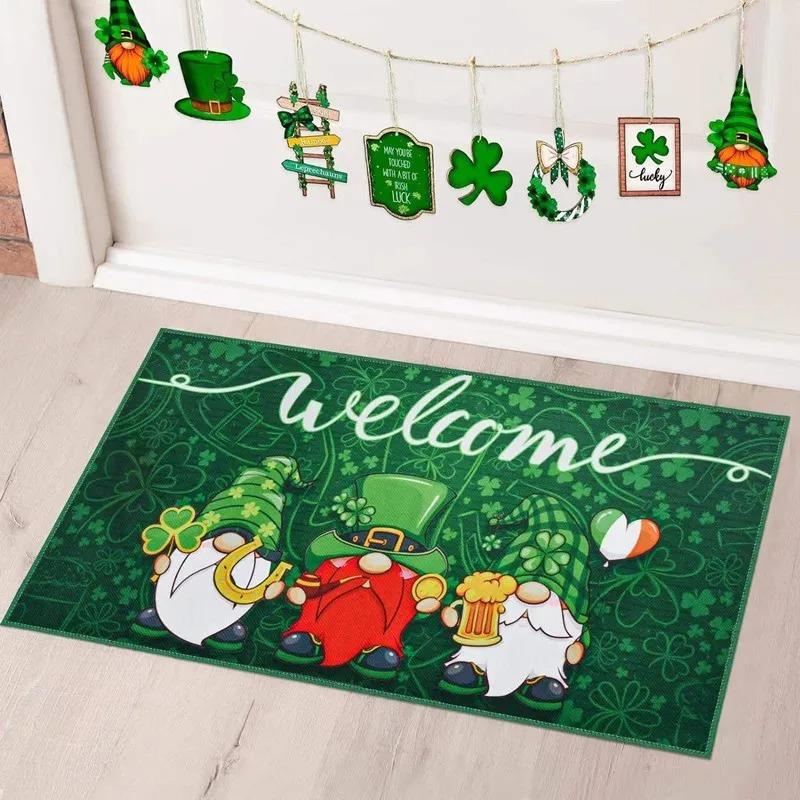 Multilingual Welcome Door Mat with Clover and Floral Patterns, Non Slip Floor Rug, Decorative Entrance Mat for Home and Porch