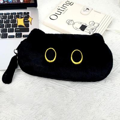 Simplicity Black Plush Cat Pencil Case Pencil Bag High Capacity Stationery School Student Storage Bag Cosmetic Storage Bag