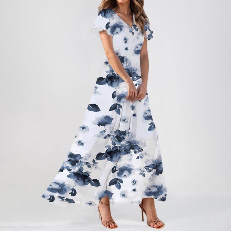 Elegante Lässige Blumen-Maxikleider für Damen Sommer Hochzeitsgast Chiffon Fließend Kurzarm Niedliche Kleider