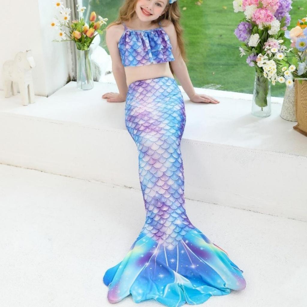 3Pcs Girls Mermaid Tail Swimsuit Children Memaid Swimwear Bikini Bathing Suit Halloween Costume Princess Beach Party Clothing