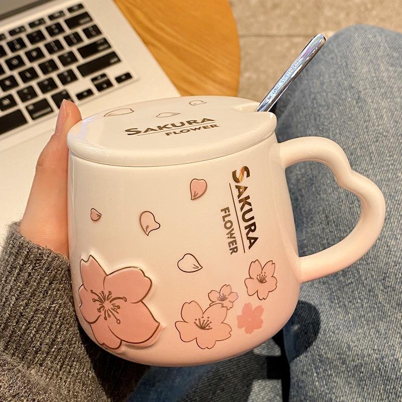 Breakfast Ceramic Cup with Lid and Spoon Cute Mug High Looking Creative Couple Coffee Water Cup