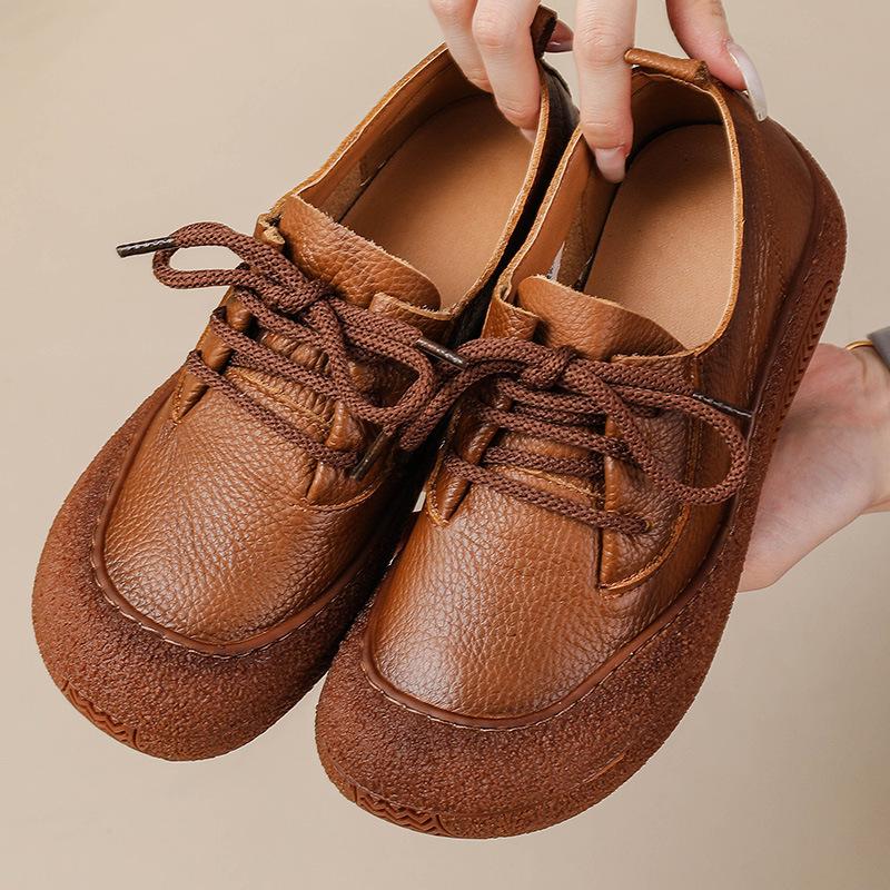 

Женские кожаные туфли на шнуровке в стиле ретро — с круглым носком, мягкой подошвой, удобные повседневные туфли на плоской подошве для весны и осени 37 коричневый