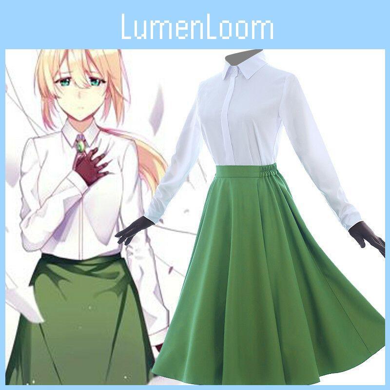Traje Cosplay Vibrante da Anime Violet Evergarden Apresentando Elegante Conjunto de Blusa e Saia
