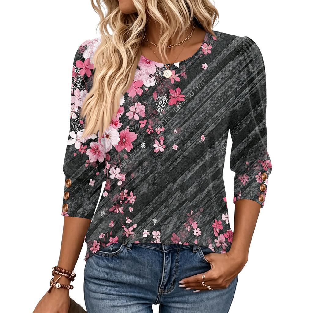 Women's Fashion Three-Quarter Sleeve Crewneck T-Shirt Casual Top for Everyday Wear