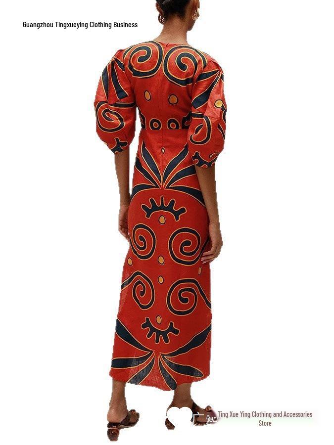 Spring/Summer 2026 European-Style Linen Print Dress - Casual Holiday Loose Fit