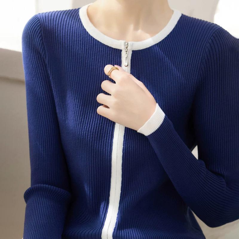 

Новый ретро ленивый стиль облегающий контрастный цвет кант круглый вырез повседневный вязаный кардиган на молнии one size fits all синий